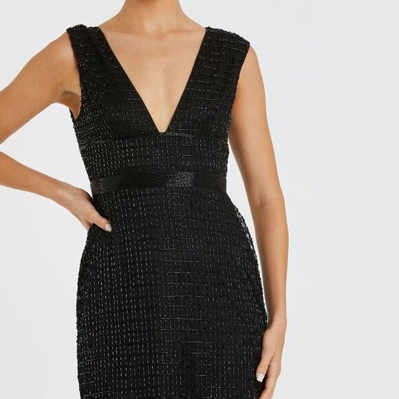 NWT Mac Duggal Beaded Cap Sleeve V Neck Column Gown Black 8 #8285 - Picture 2 of 8